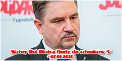 Ważny list Piotra Dudy do członków SOLIDARNOŚCI - 07.05.2020.