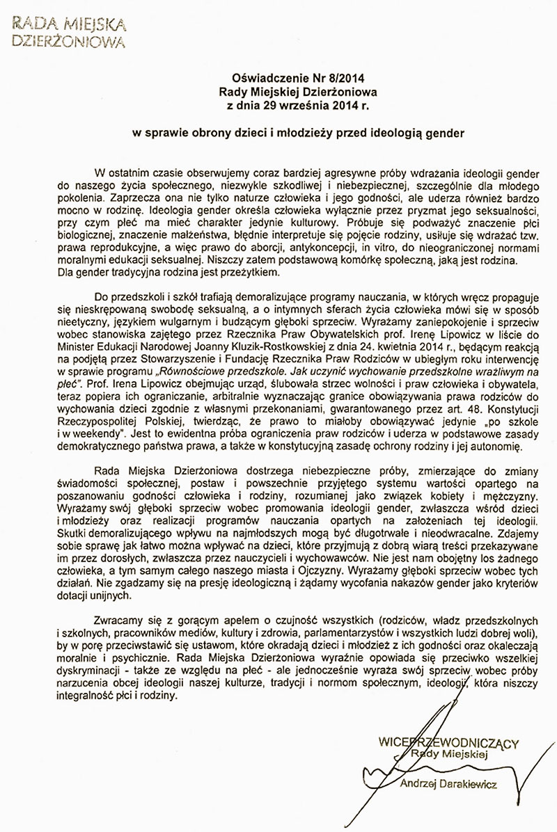 Owiadczenie RM Dzieroniowa Nr 8/2014.