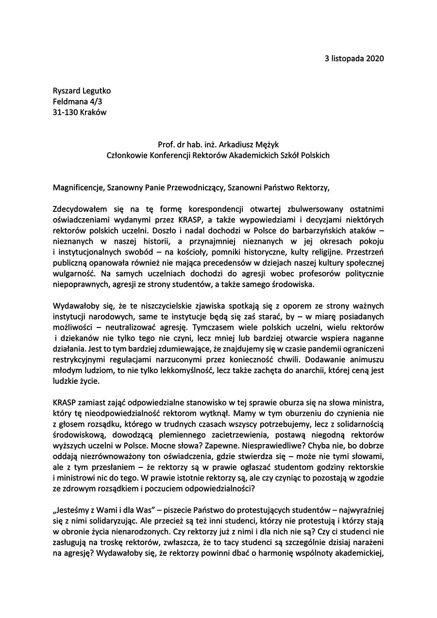 List otwarty do Konferencji Rektorw Akademickich Szk Polskich 3 listopada 2020 r.