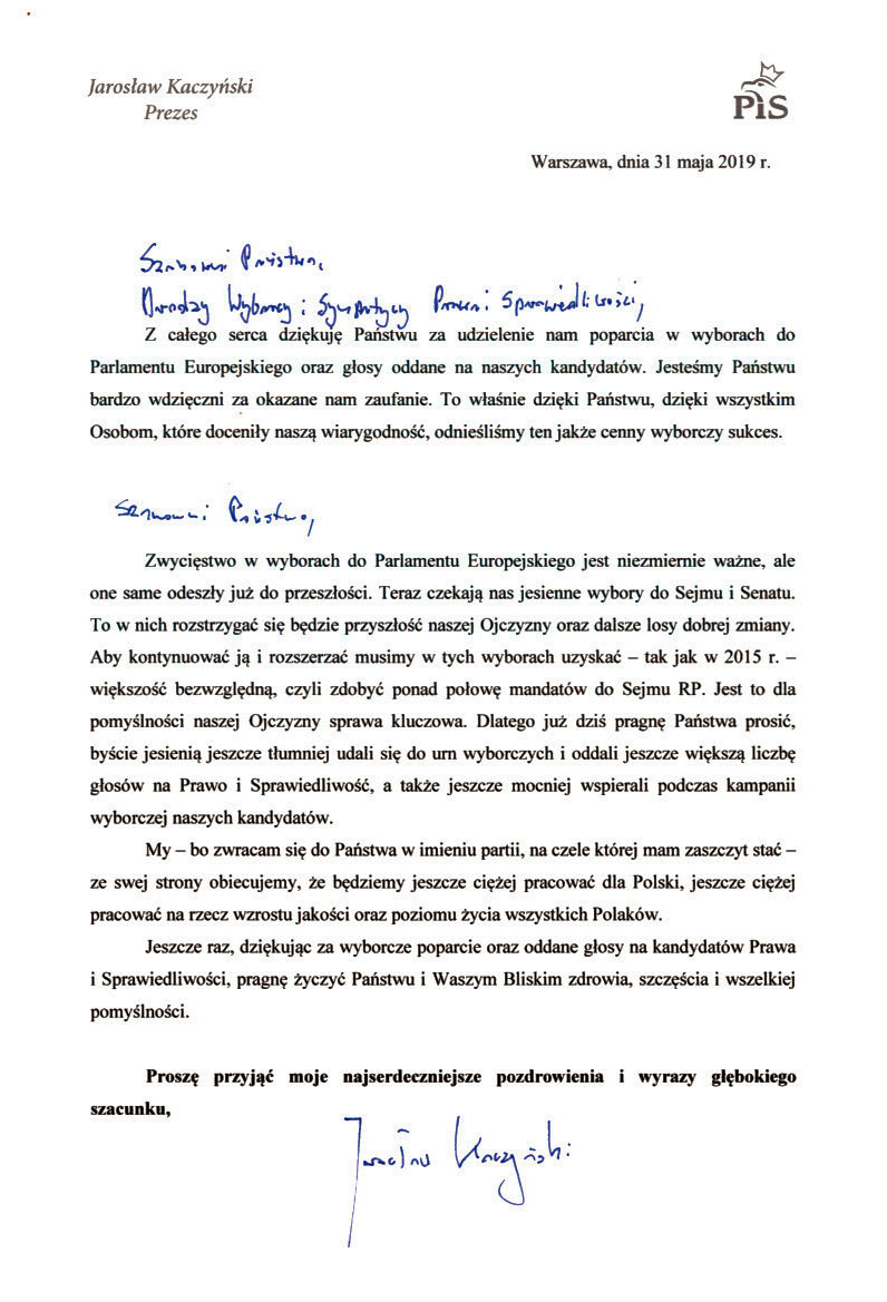 List prezesa Jarosława Kaczyńskiego do Polaków.